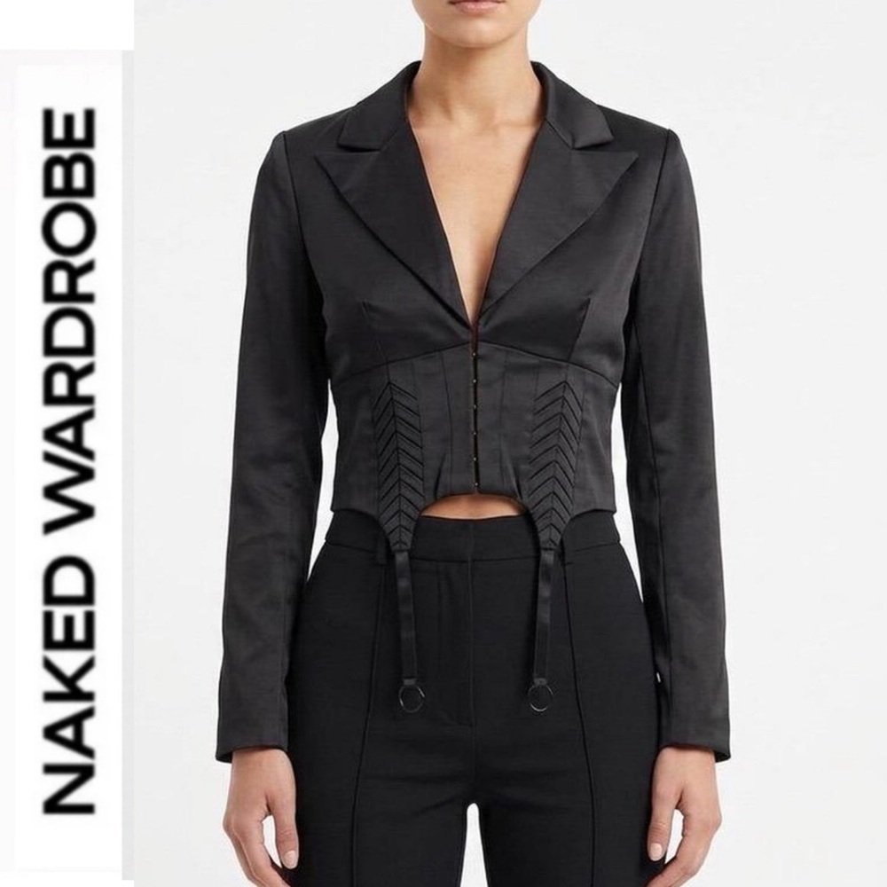 Naked Wardrobe 🖤 the statement black satin garter blazer ~ Small